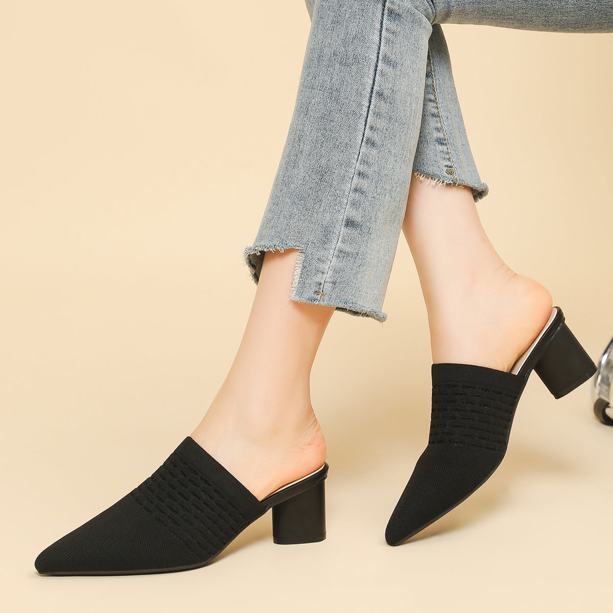 尖頭包頭 5cmチャンキーヒール サンダル