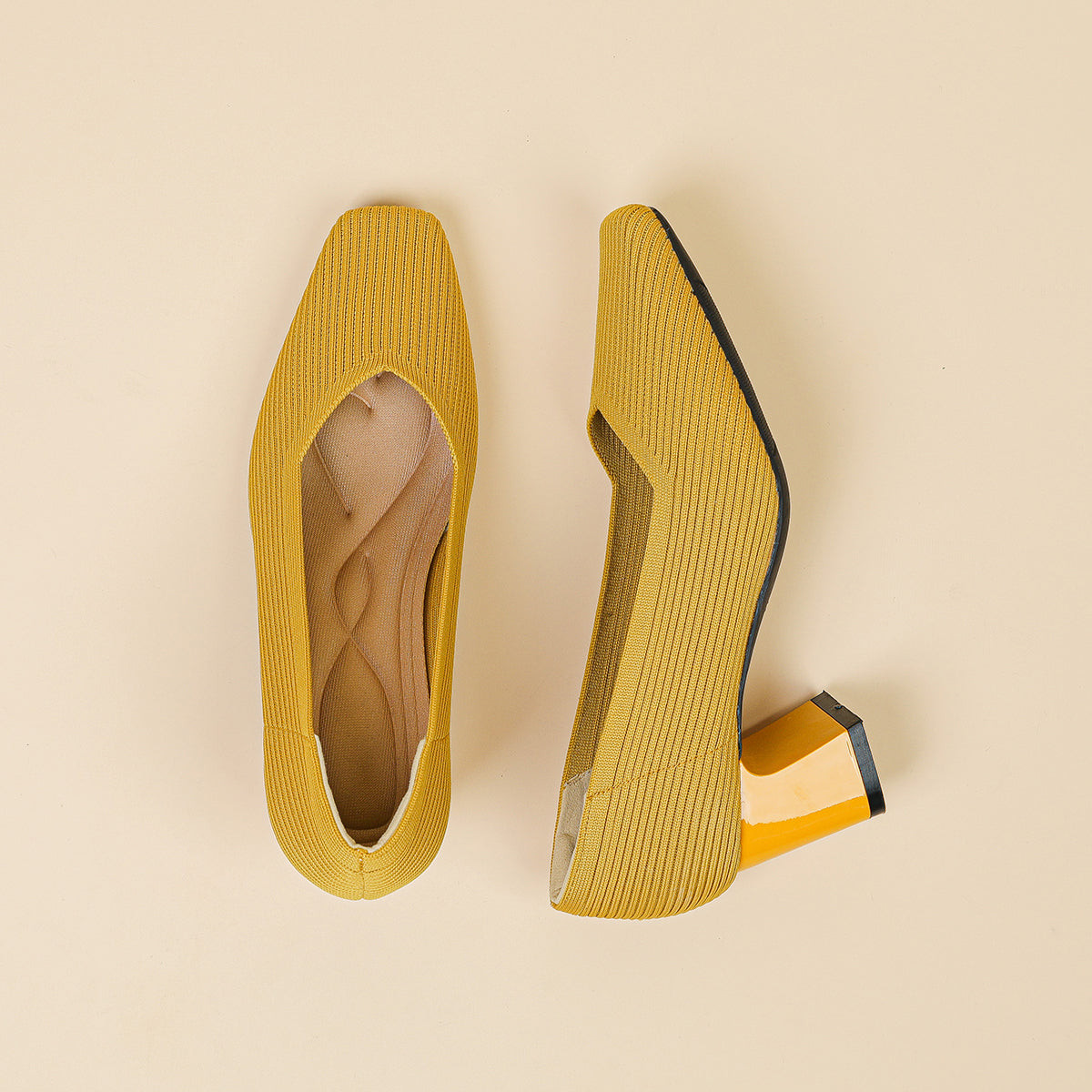 スクエアトゥVカット粗ヒールパンプス（6cmハイヒール）