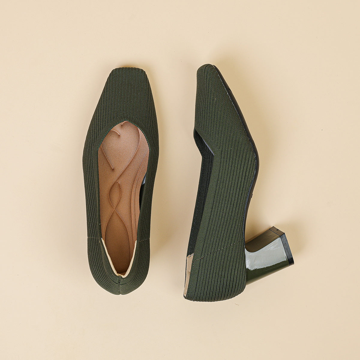 スクエアトゥVカット粗ヒールパンプス（6cmハイヒール）