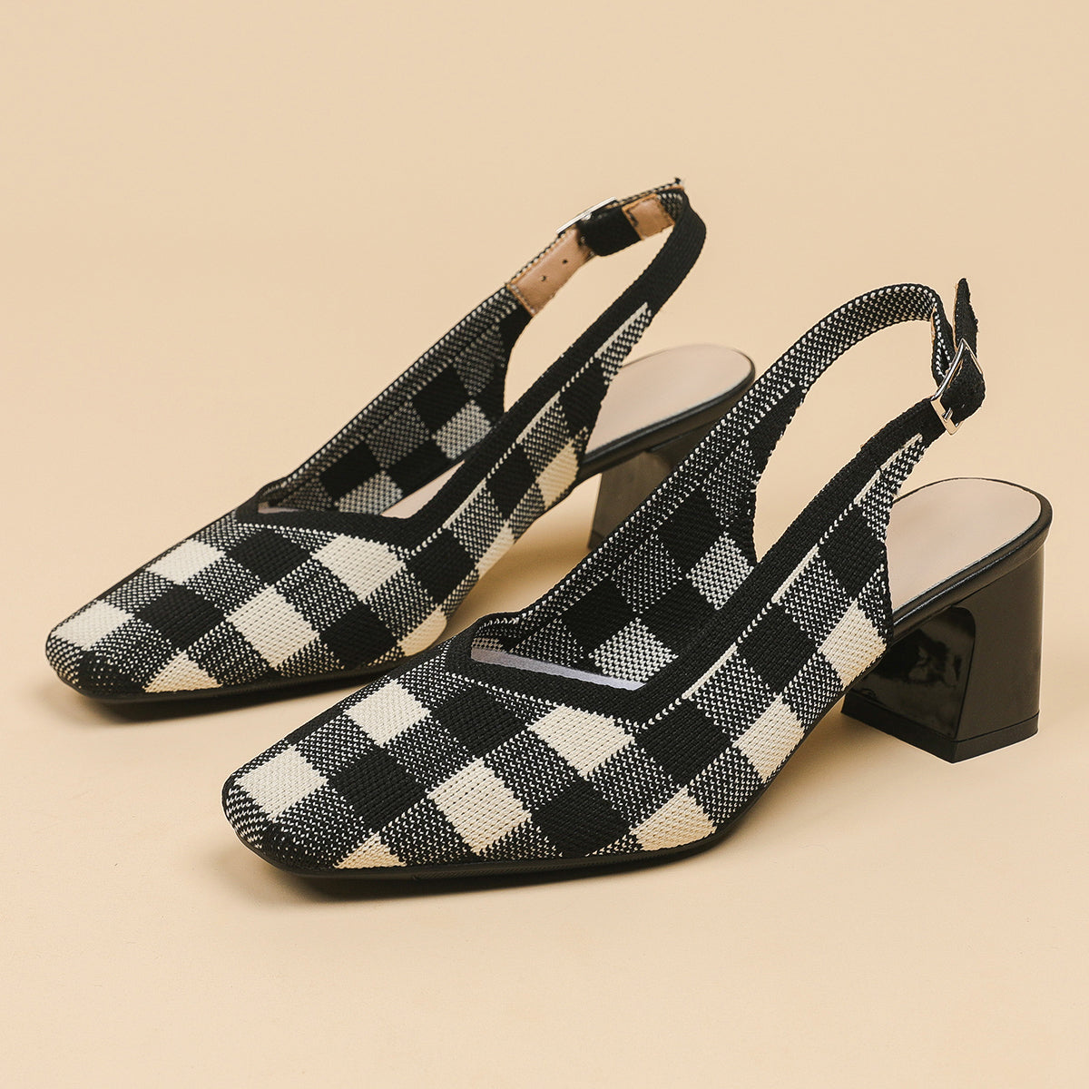 チェック柄スクエアトゥ バックストラップ ブロックヒールサンダル レディース