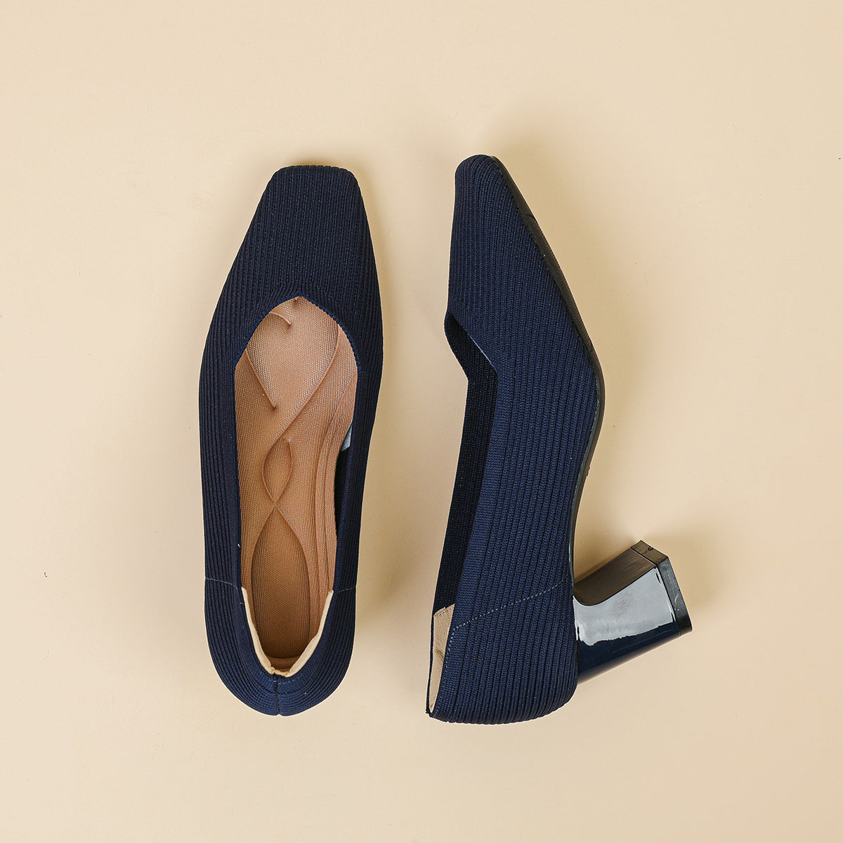 スクエアトゥVカット粗ヒールパンプス（6cmハイヒール）