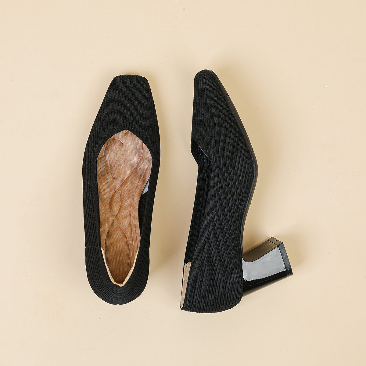 スクエアトゥVカット粗ヒールパンプス（6cmハイヒール）