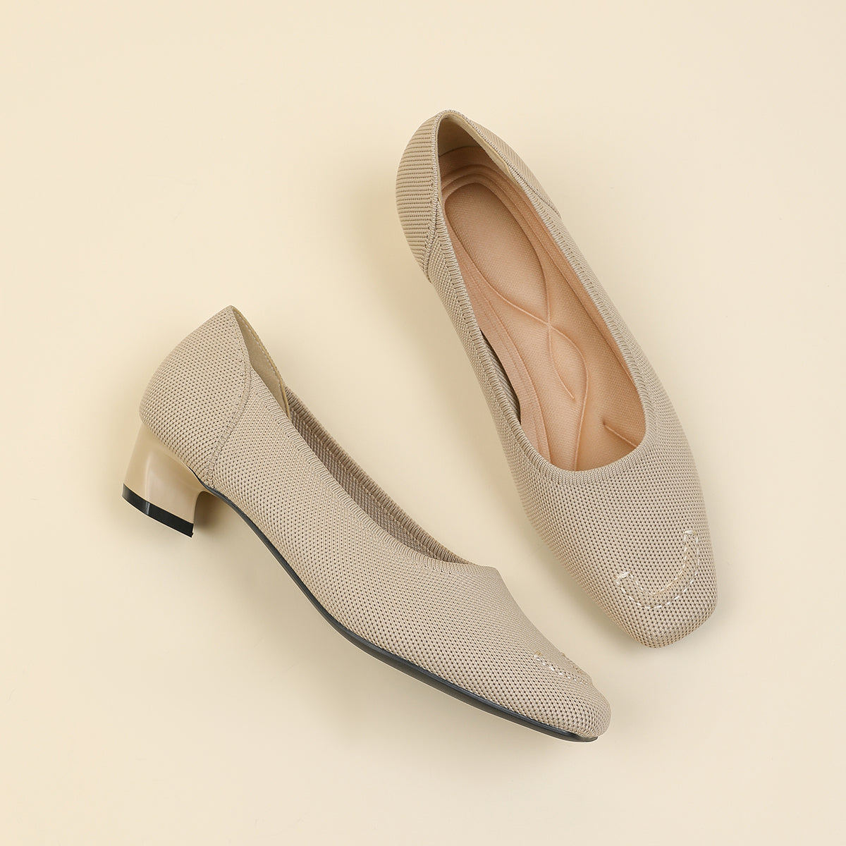 スクエアトゥ太ヒールカジュアルシューズ