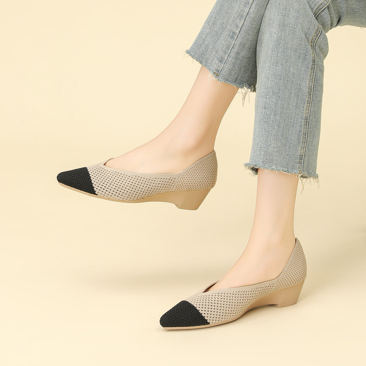 尖頭 メッシュ ウェッジシューズ レディース