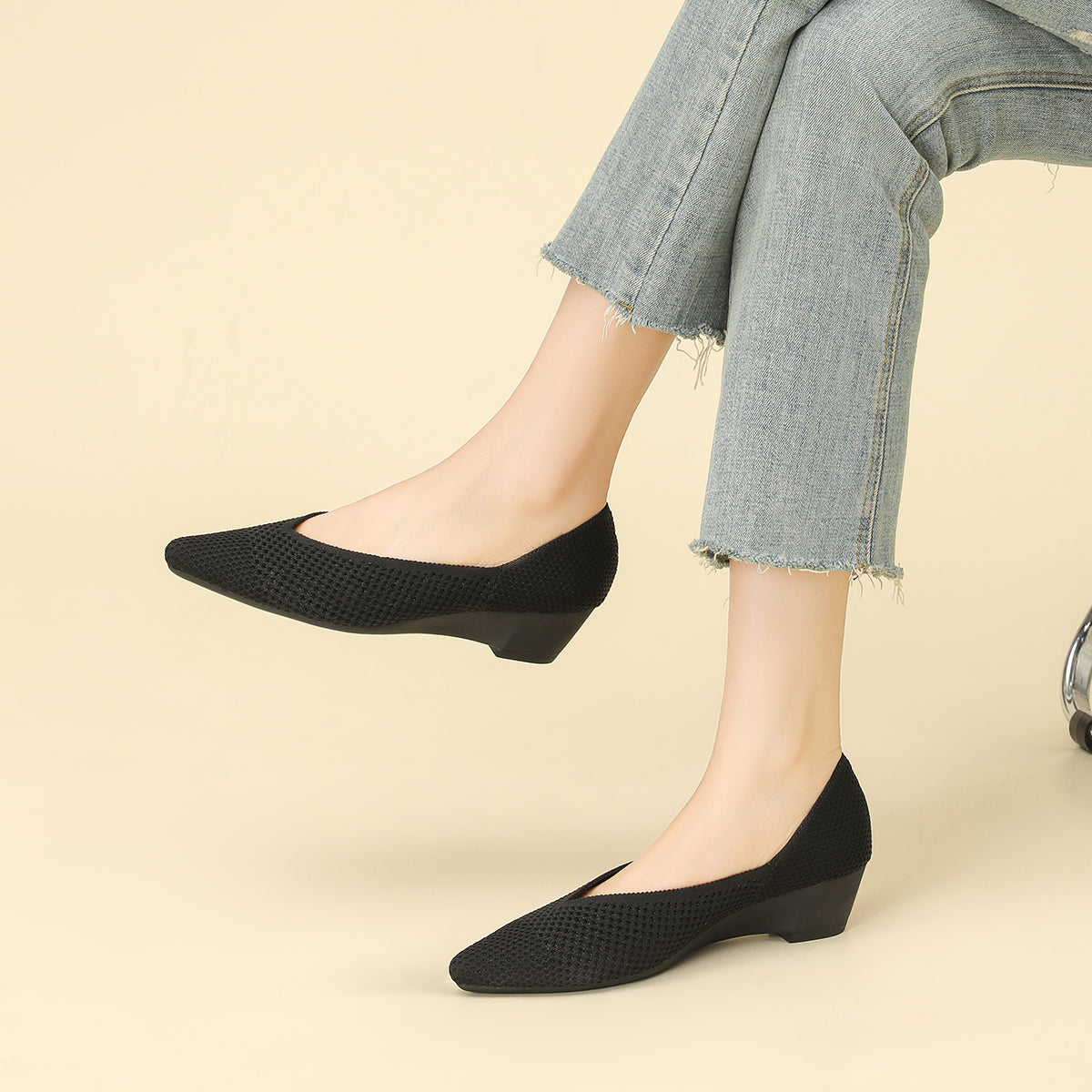 尖頭 メッシュ ウェッジシューズ レディース