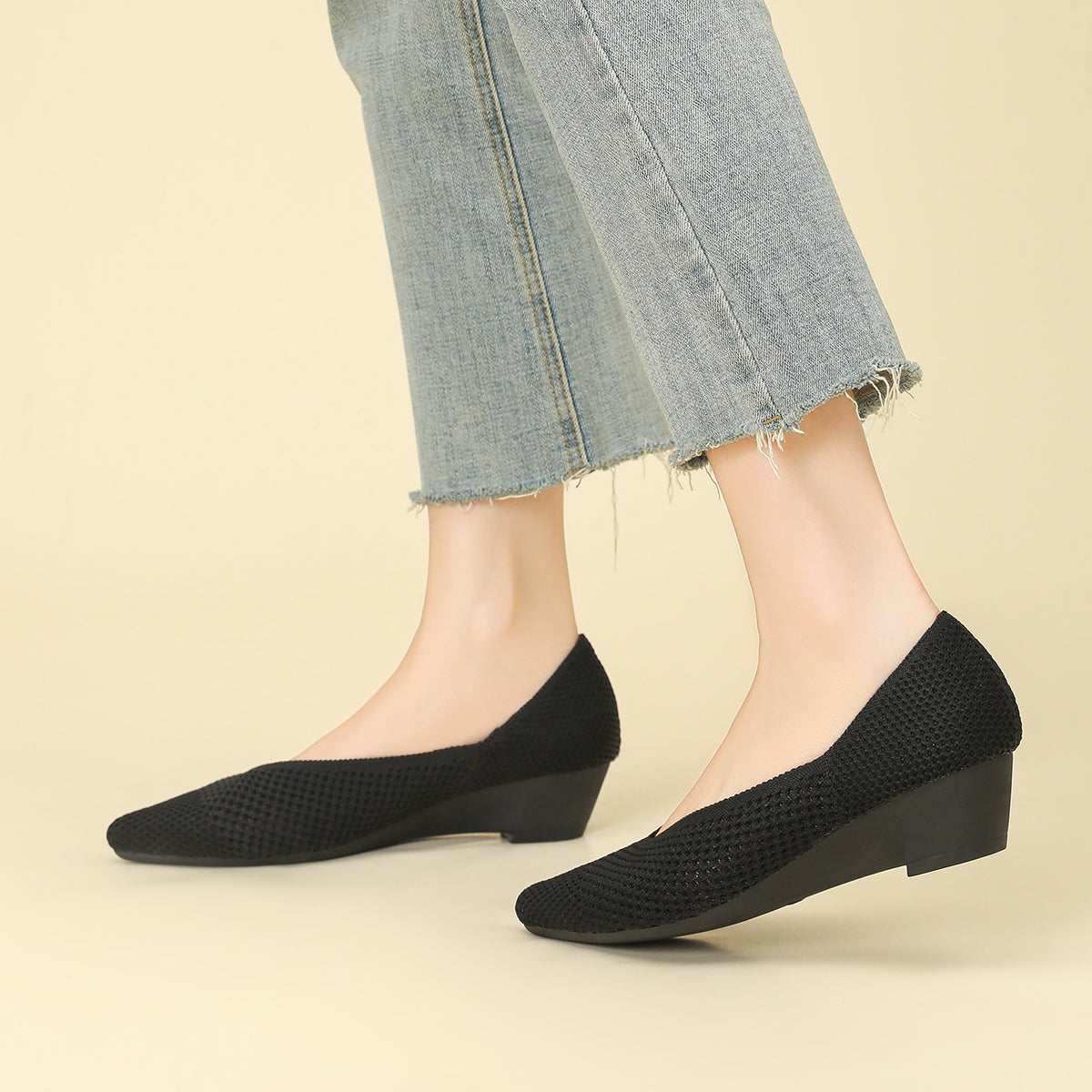 尖頭 メッシュ ウェッジシューズ レディース