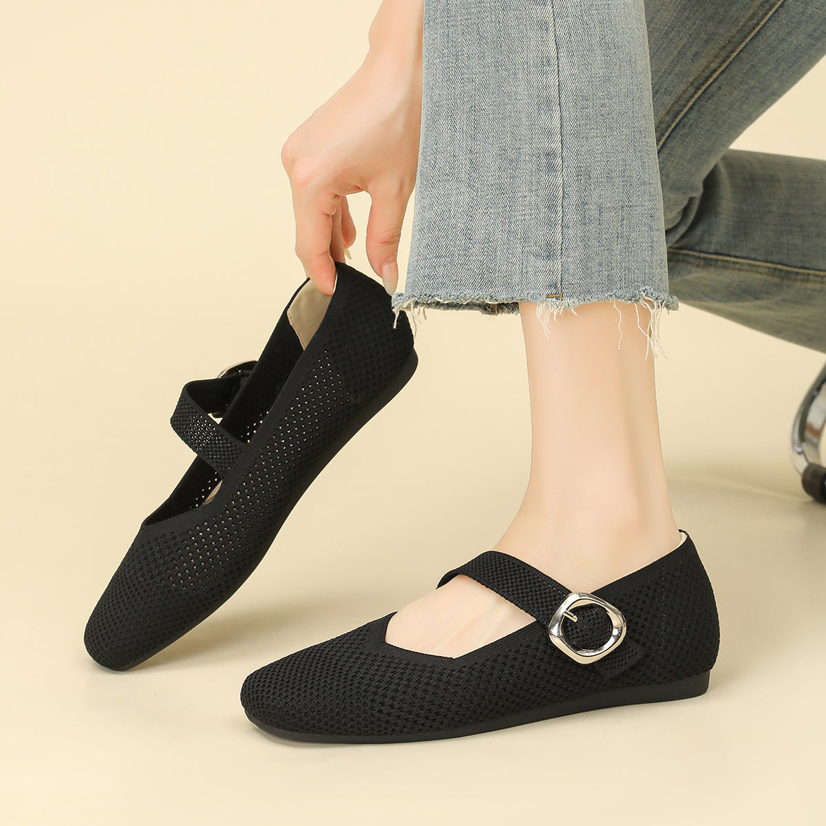 メッシュ ストラップ メリージェン フラットシューズ