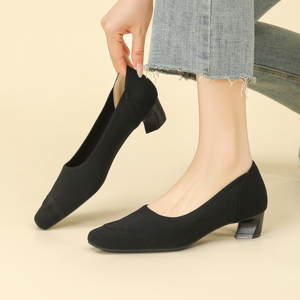 スクエアトゥ太ヒールカジュアルシューズ
