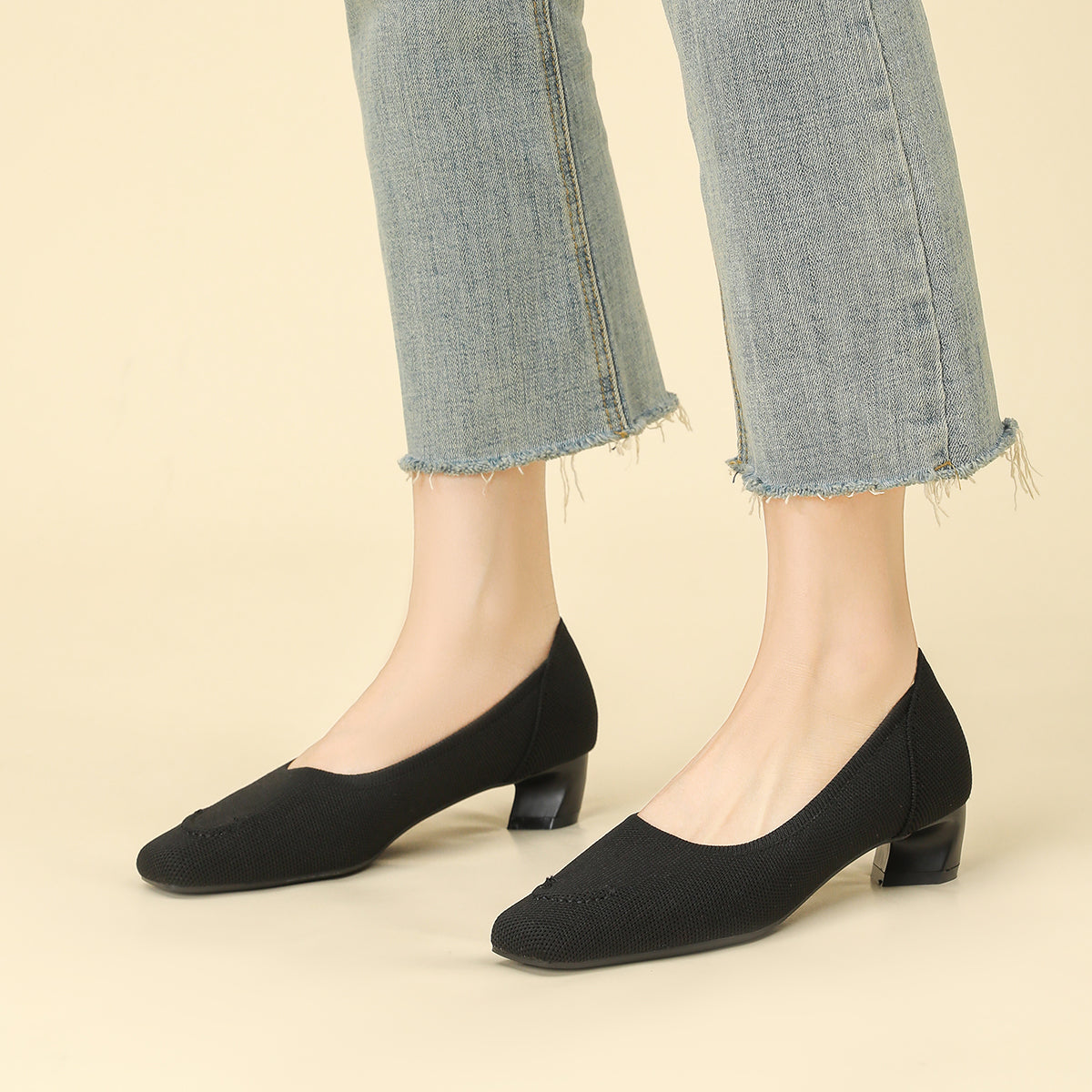 スクエアトゥ太ヒールカジュアルシューズ