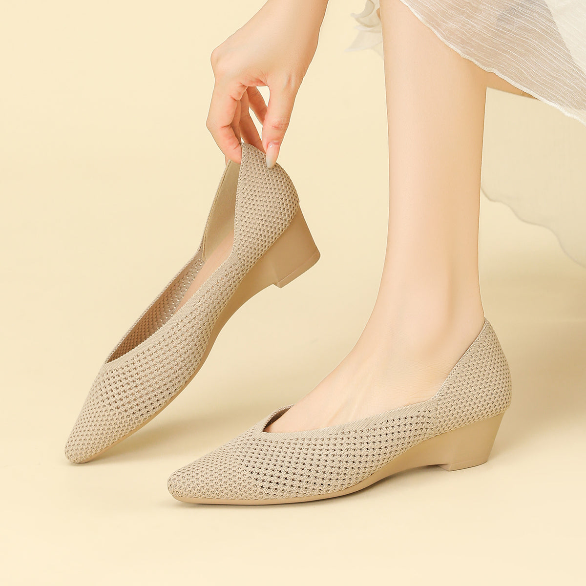 尖頭 メッシュ ウェッジシューズ レディース