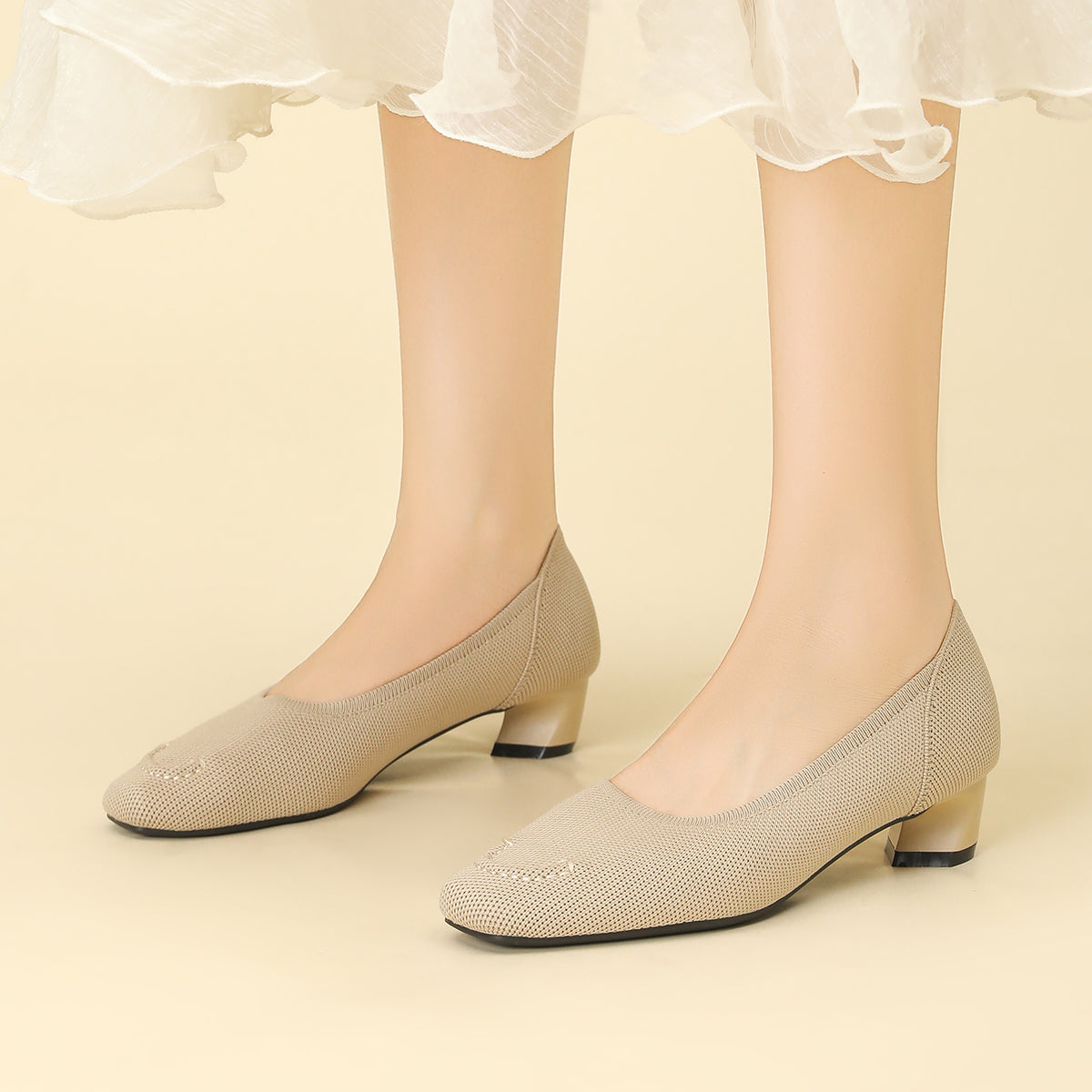 スクエアトゥ太ヒールカジュアルシューズ