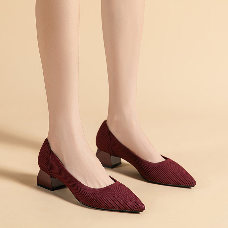 尖ったトゥの浅口粗ヒールカジュアルパンプス（中ヒール4cm）