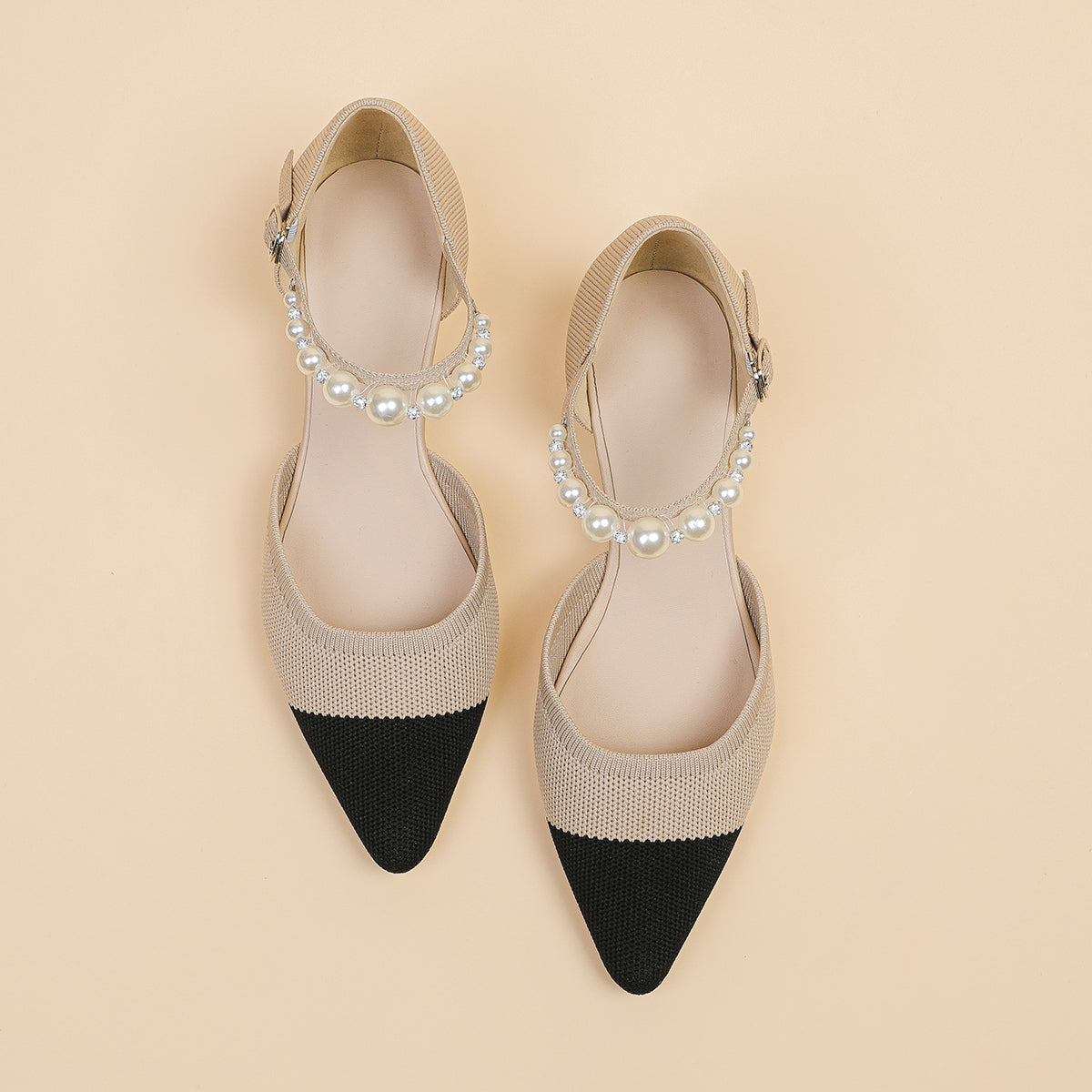 尖頭パールストラップウェッジヒールシューズ