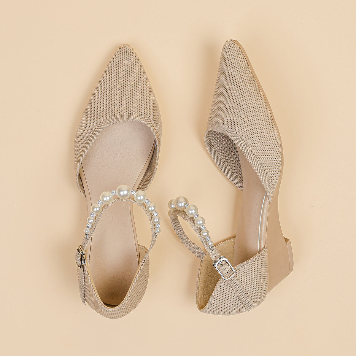 尖頭パールストラップウェッジヒールシューズ