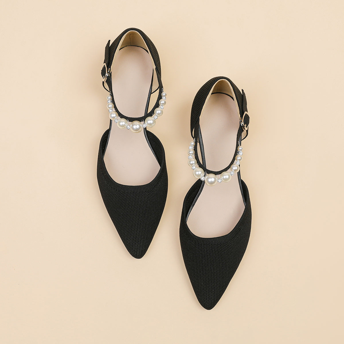 尖頭パールストラップウェッジヒールシューズ