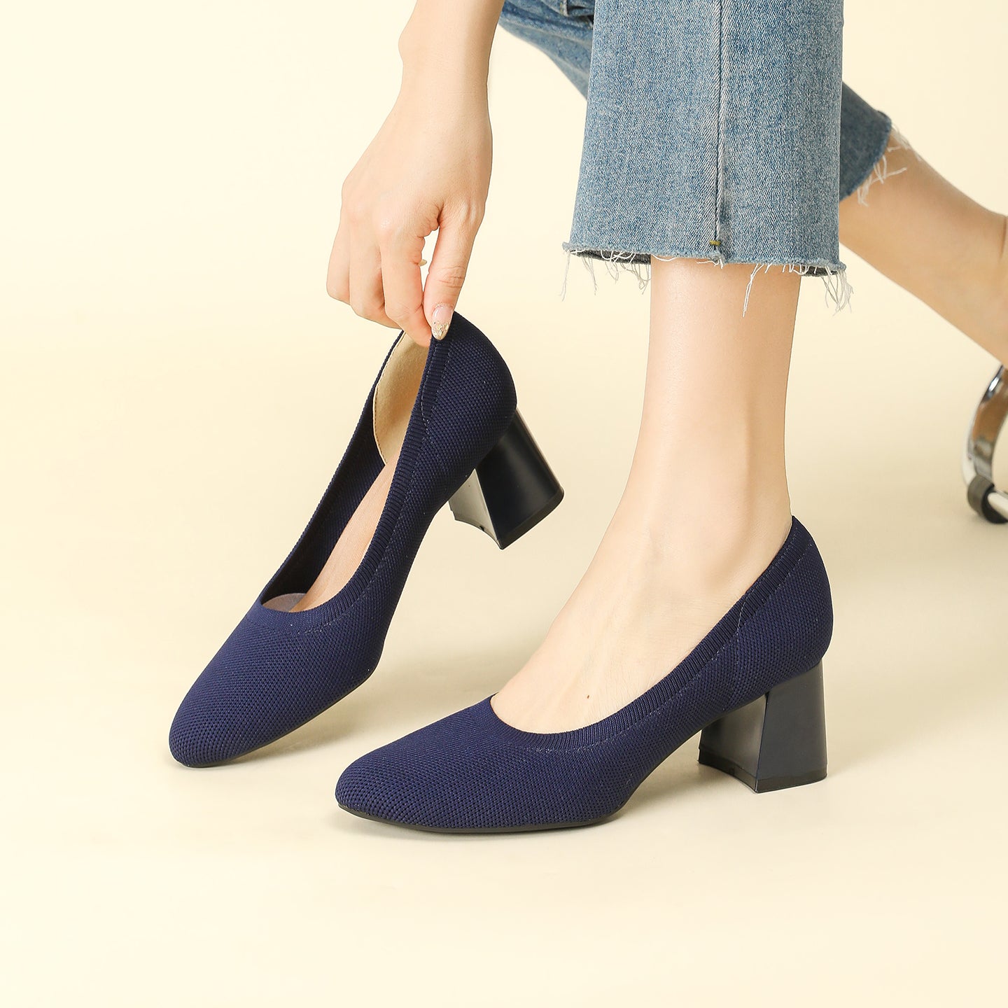 浅口ニットパンプス 5.5cmチャンキーヒール