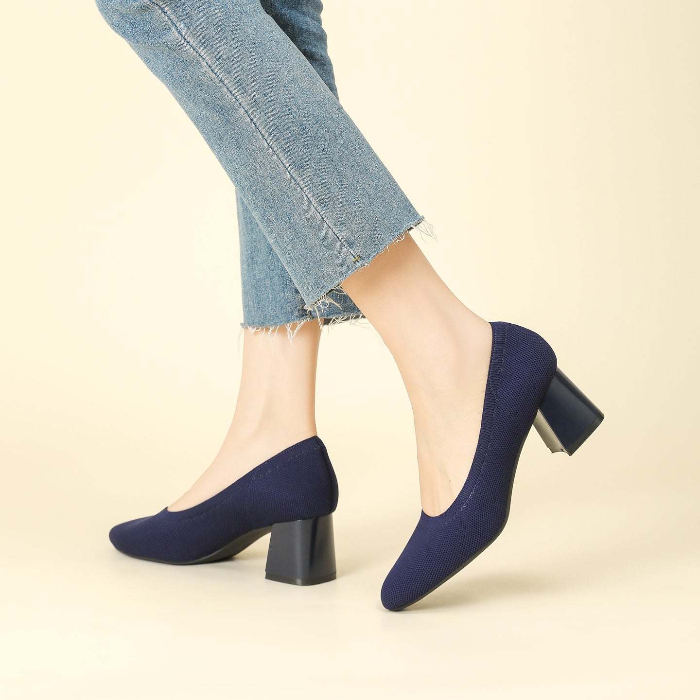 浅口ニットパンプス 5.5cmチャンキーヒール