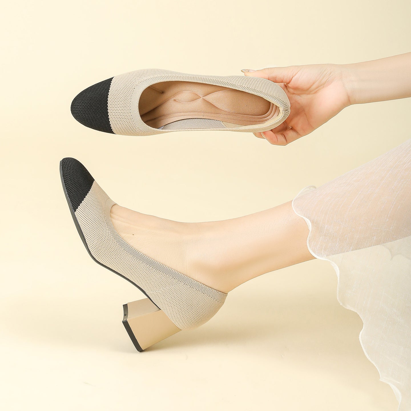 浅口ニットパンプス 5.5cmチャンキーヒール