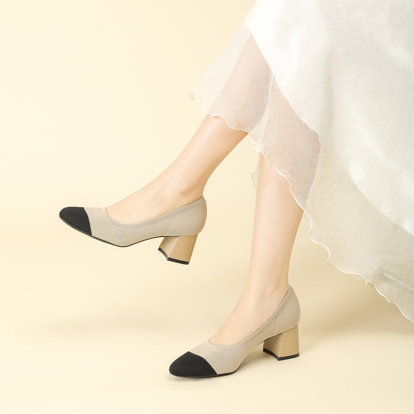 浅口ニットパンプス 5.5cmチャンキーヒール