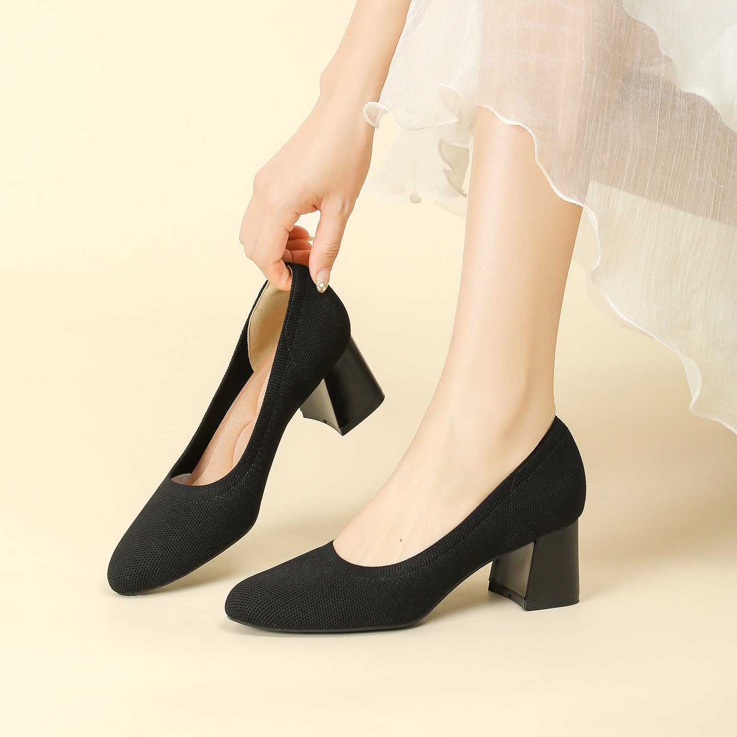 浅口ニットパンプス 5.5cmチャンキーヒール