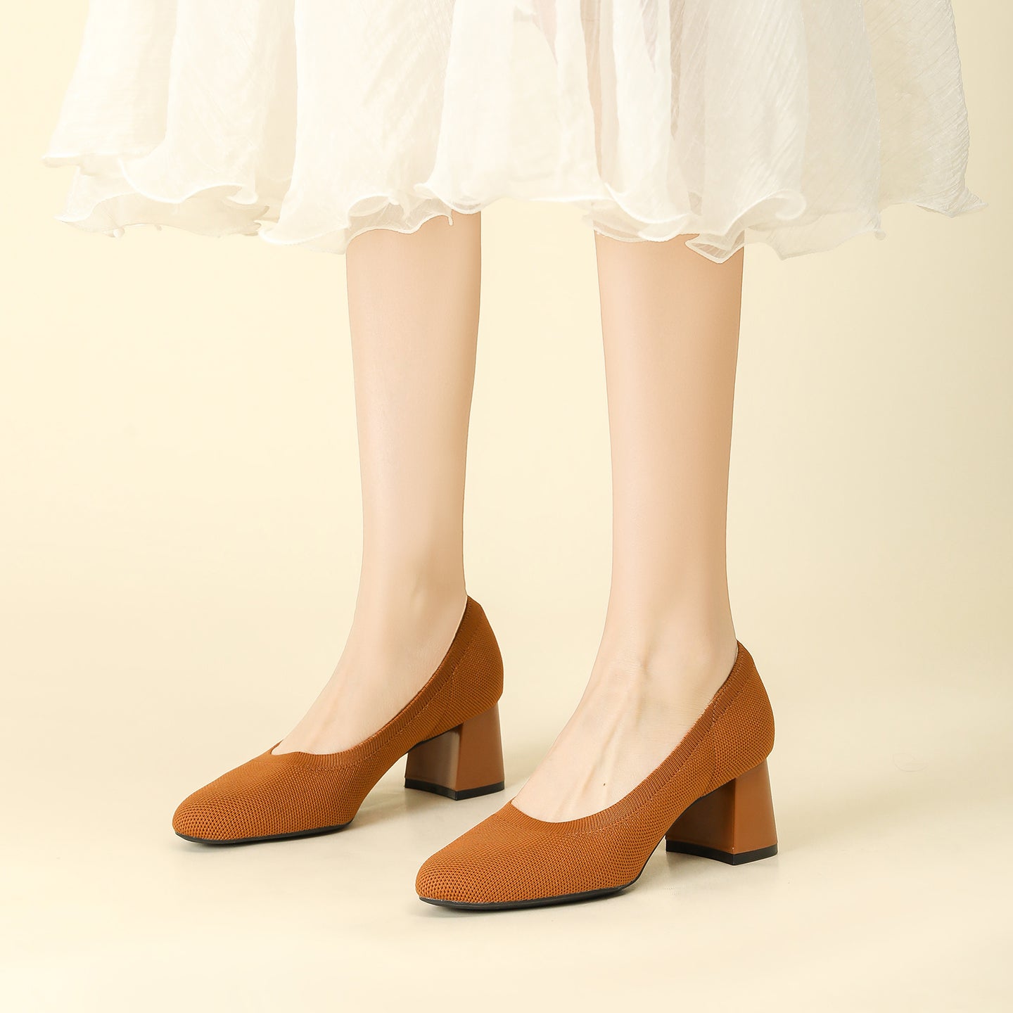 浅口ニットパンプス 5.5cmチャンキーヒール