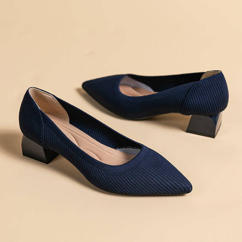 尖ったトゥの浅口粗ヒールカジュアルパンプス（中ヒール4cm）