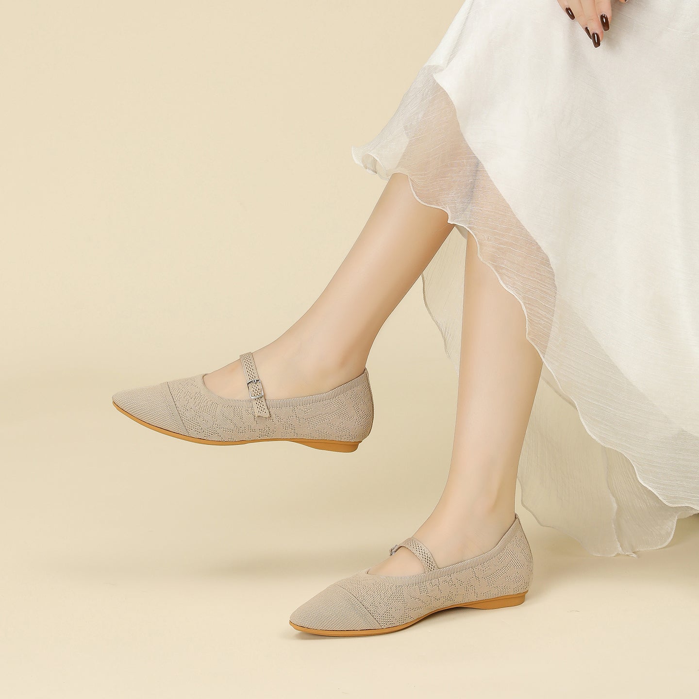 レトロニットフラットパンプス 尖頭浅口ワンストラップ