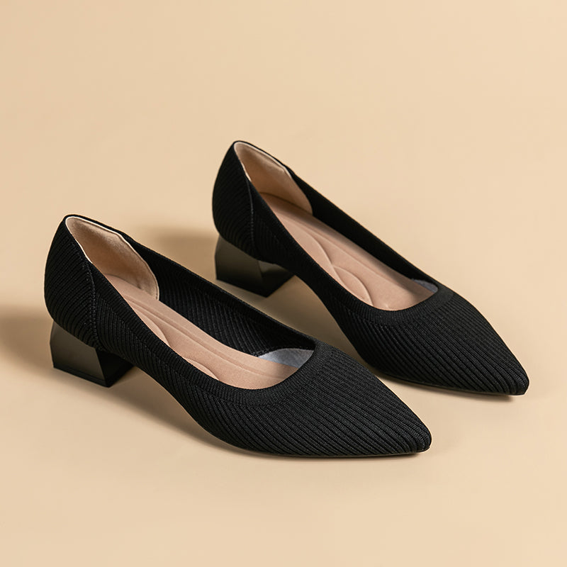 尖ったトゥの浅口粗ヒールカジュアルパンプス（中ヒール4cm）