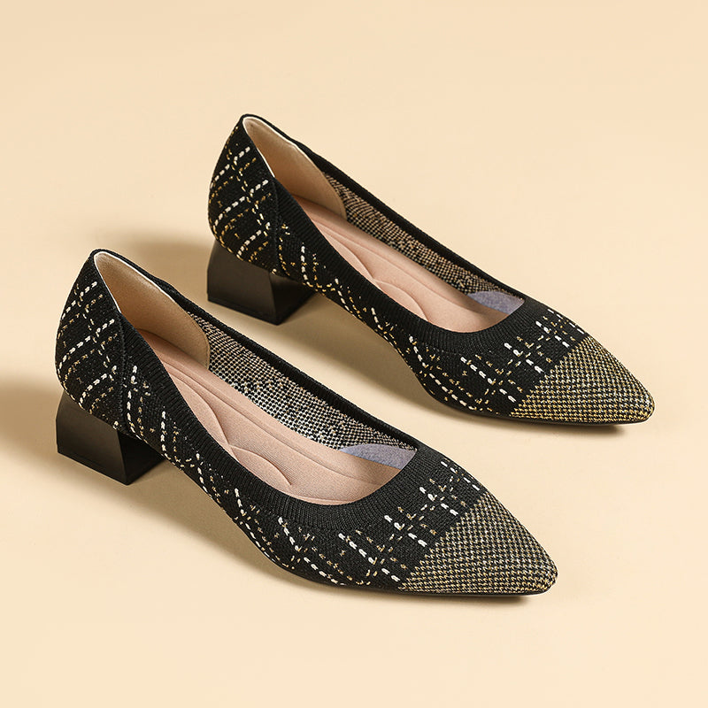 尖ったトゥの浅口粗ヒールカジュアルパンプス（中ヒール4cm）