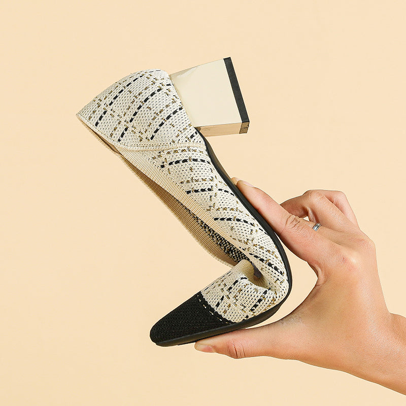 尖ったトゥの浅口粗ヒールカジュアルパンプス（中ヒール4cm）