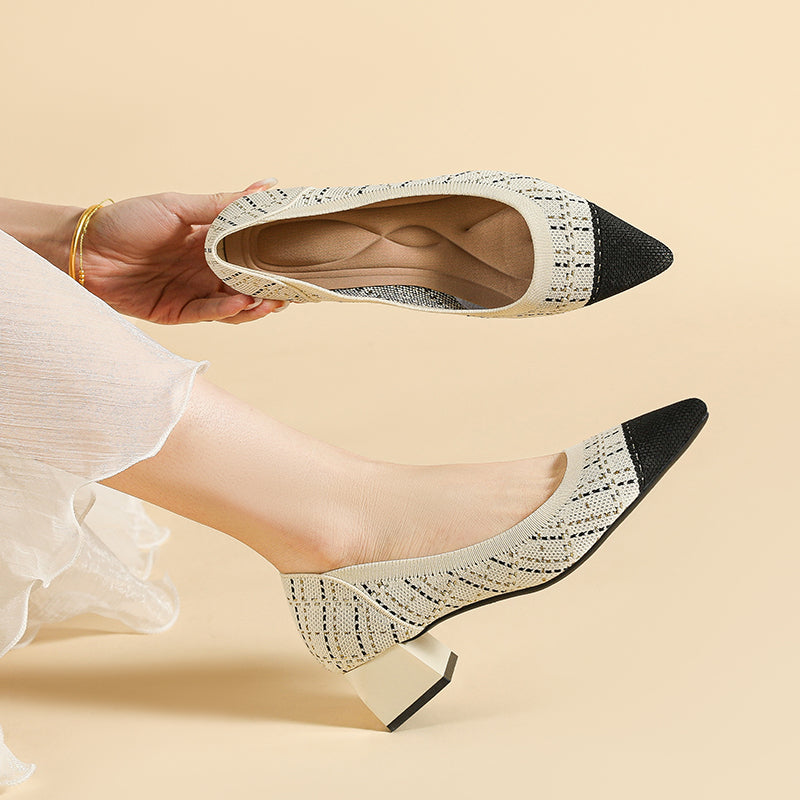 尖ったトゥの浅口粗ヒールカジュアルパンプス（中ヒール4cm）