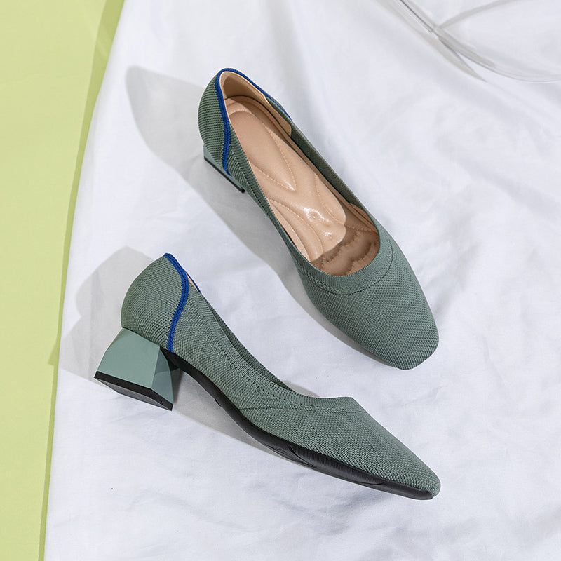 方頭王妃シューズ 太ヒールパンプス 4cmミドルヒール