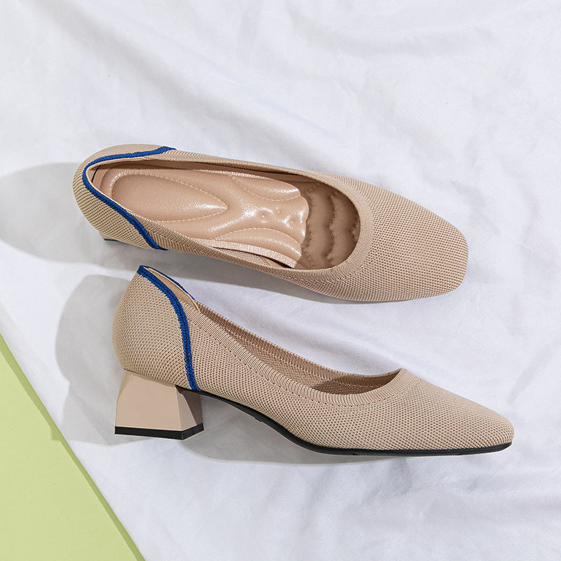 方頭王妃シューズ 太ヒールパンプス 4cmミドルヒール