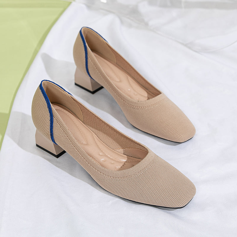 方頭王妃シューズ 太ヒールパンプス 4cmミドルヒール