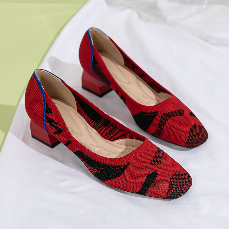 方頭王妃シューズ 太ヒールパンプス 4cmミドルヒール