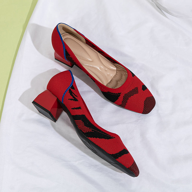 方頭王妃シューズ 太ヒールパンプス 4cmミドルヒール