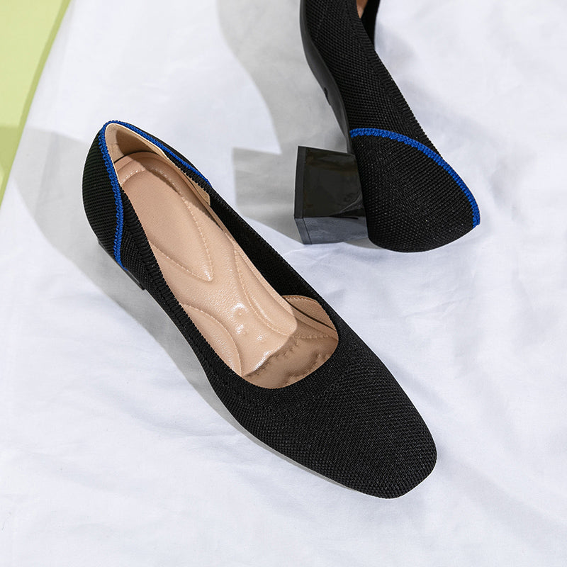 方頭王妃シューズ 太ヒールパンプス 4cmミドルヒール