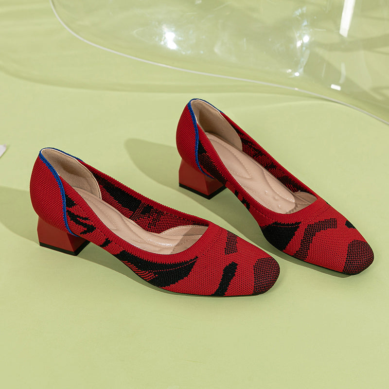 方頭王妃シューズ 太ヒールパンプス 4cmミドルヒール