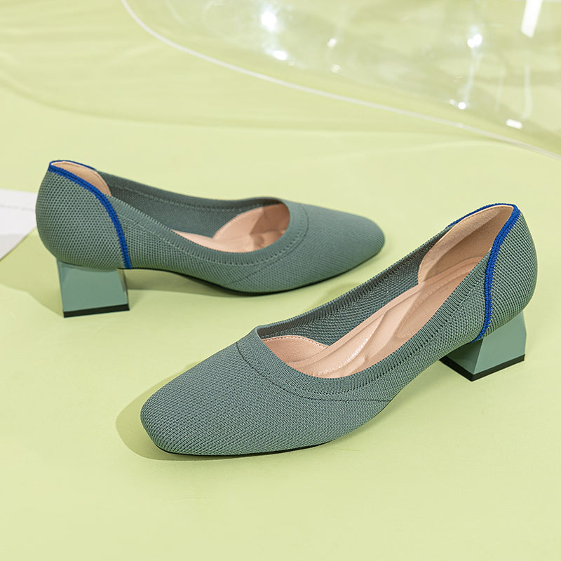 方頭王妃シューズ 太ヒールパンプス 4cmミドルヒール