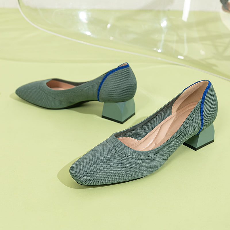 方頭王妃シューズ 太ヒールパンプス 4cmミドルヒール