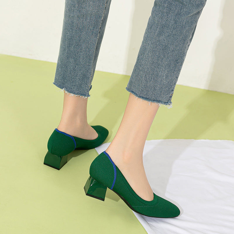 方頭王妃シューズ 太ヒールパンプス 4cmミドルヒール