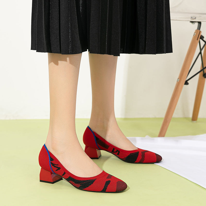 方頭王妃シューズ 太ヒールパンプス 4cmミドルヒール