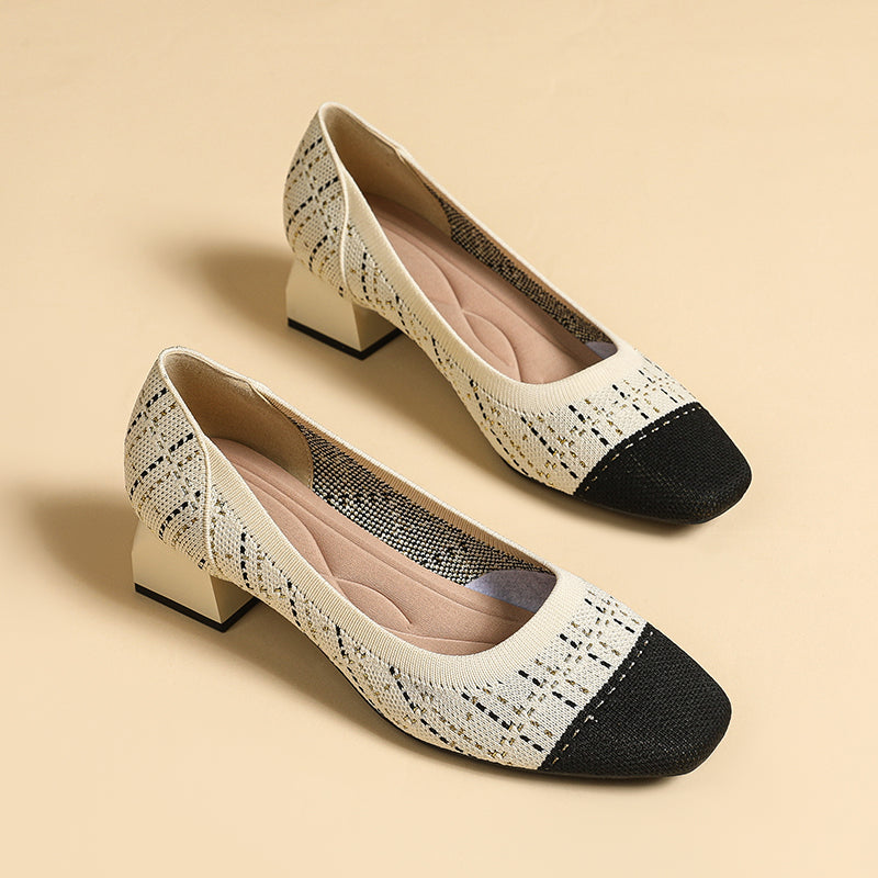 方頭王妃シューズ 太ヒールパンプス 4cmミドルヒール