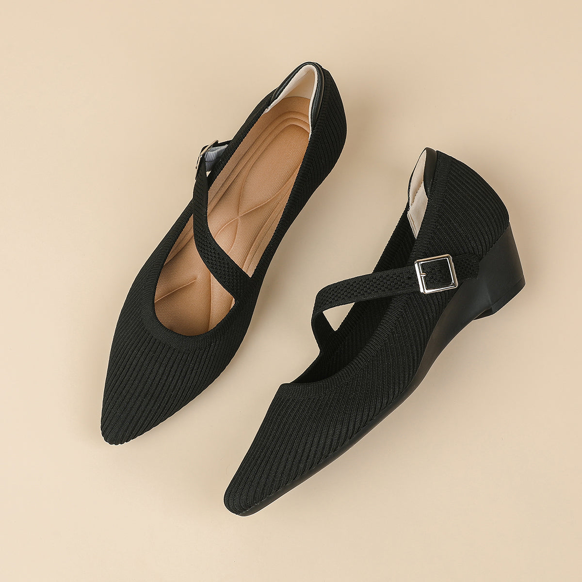 マリ―ジェーン 一字ストラップ ニットウェッジシューズ レディース