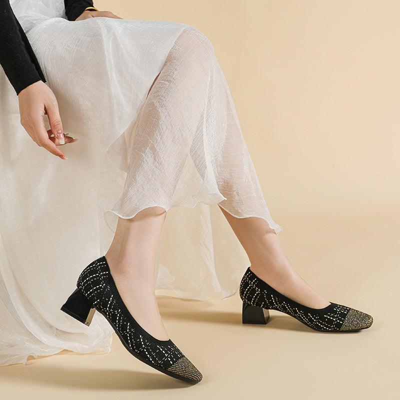 方頭王妃シューズ 太ヒールパンプス 4cmミドルヒール