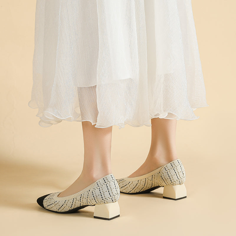 方頭王妃シューズ 太ヒールパンプス 4cmミドルヒール