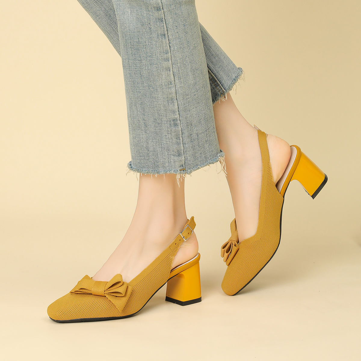 スクエアトゥ 蝶結び付き 太ヒール サンダル レディース