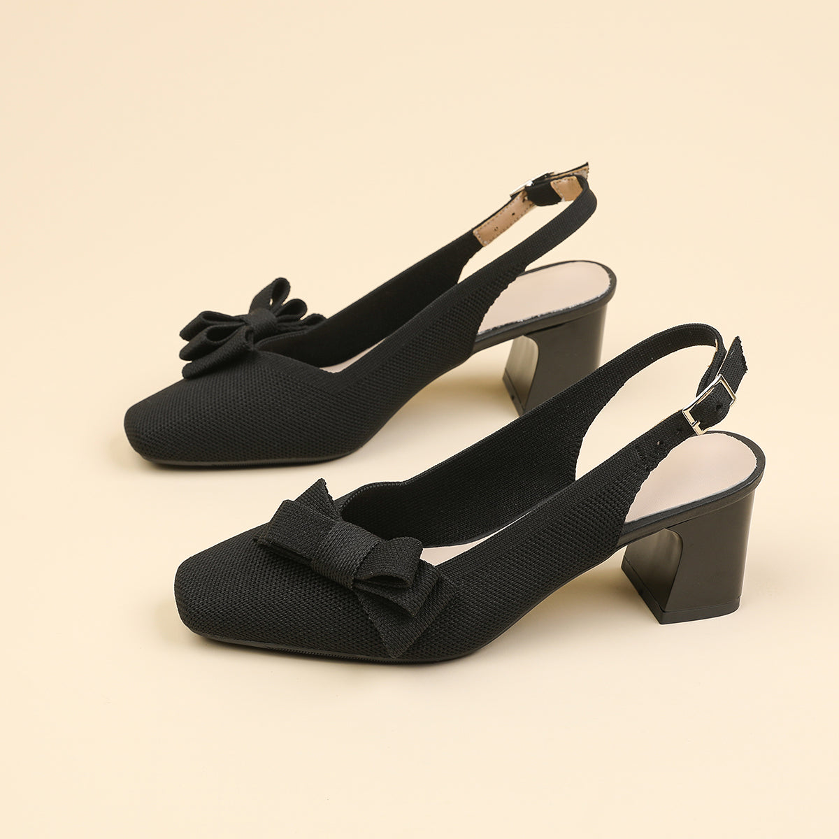 スクエアトゥ 蝶結び付き 太ヒール サンダル レディース