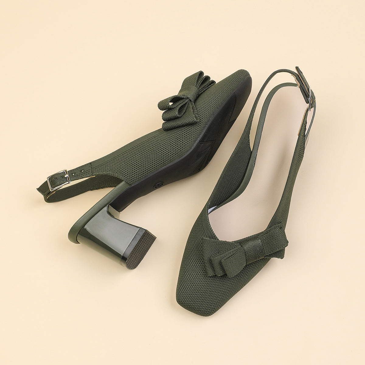 スクエアトゥ 蝶結び付き 太ヒール サンダル レディース