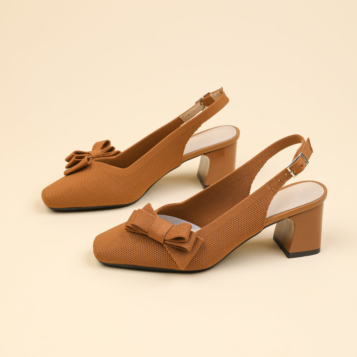 スクエアトゥ 蝶結び付き 太ヒール サンダル レディース